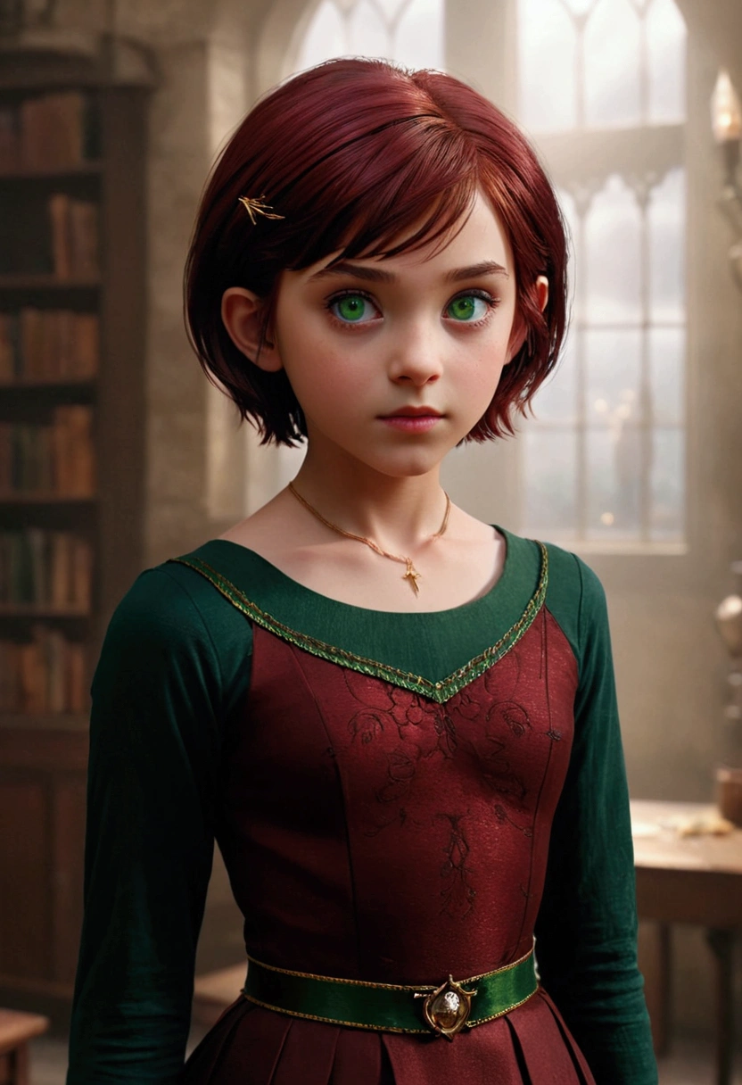 daughter of severus snape, (best quality,4k,8k,highres,masterpiece:1.2),ultra-detailed,realistic,portrait of a beautiful 10-year-old teen with 1girl, SHION, dark-red hair, green eyes, pixie cut, asymmetric bangs, small brests, Short height, gold hairclip,
