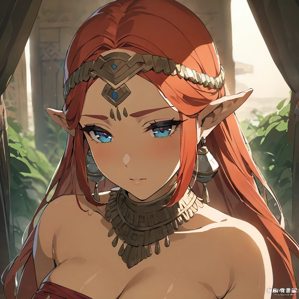 ((Highest quality)), ((masterpiece)), (detailed), （Perfect Face）、The woman is Queen Zelda of the Gerudo tribe, with red hair, blue eyes and brown skin.、The woman is wearing the sexy traditional costume of the Gerudo tribe.