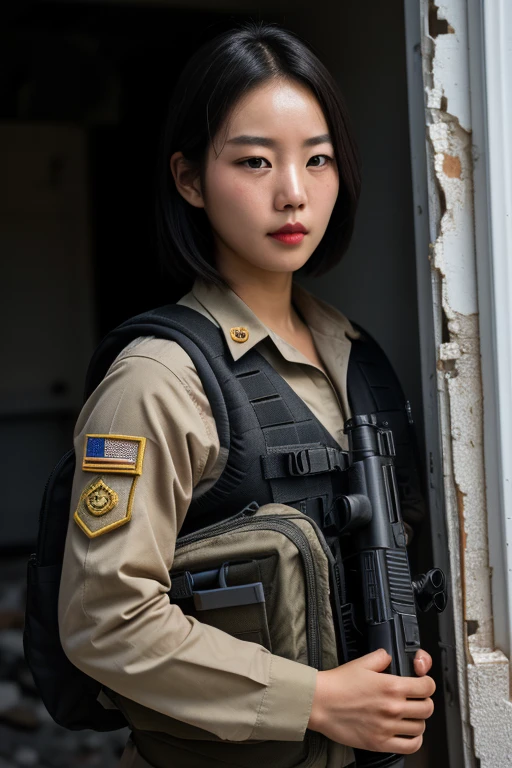 1 korean girl, strikingly beautiful, black hair, (highest quality,8k,Realistic photo:1.2),Very detailed,(Realistic,photoRealistic:1.37) Skin Texture,Beautiful korean woman in the US military,Carefully open the door through the rubble and enter the room.,Automatic rifle,Bulletproof vest,Backpack,Injured, intense expression, Dynamic pose, innovative configuration, Portraiture,Dramatic lighting,Colorful palette,Dust and smoke flying