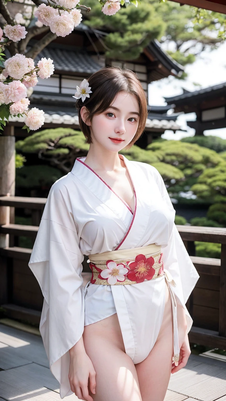 ((best quality)), photorealistic, photorealism, Photorealistic, high resolution, Beautiful, Baby Face, 20 Years Old, White Skin, pale skin, medium breast, seductive pose, dynamic pose, looking at the camera, (Detailed face), short hair, sexy body, (wearing japanese kimono), (japanese flowers motif kimono), NSFW, Fingers are occluded, bokeh, cafe background