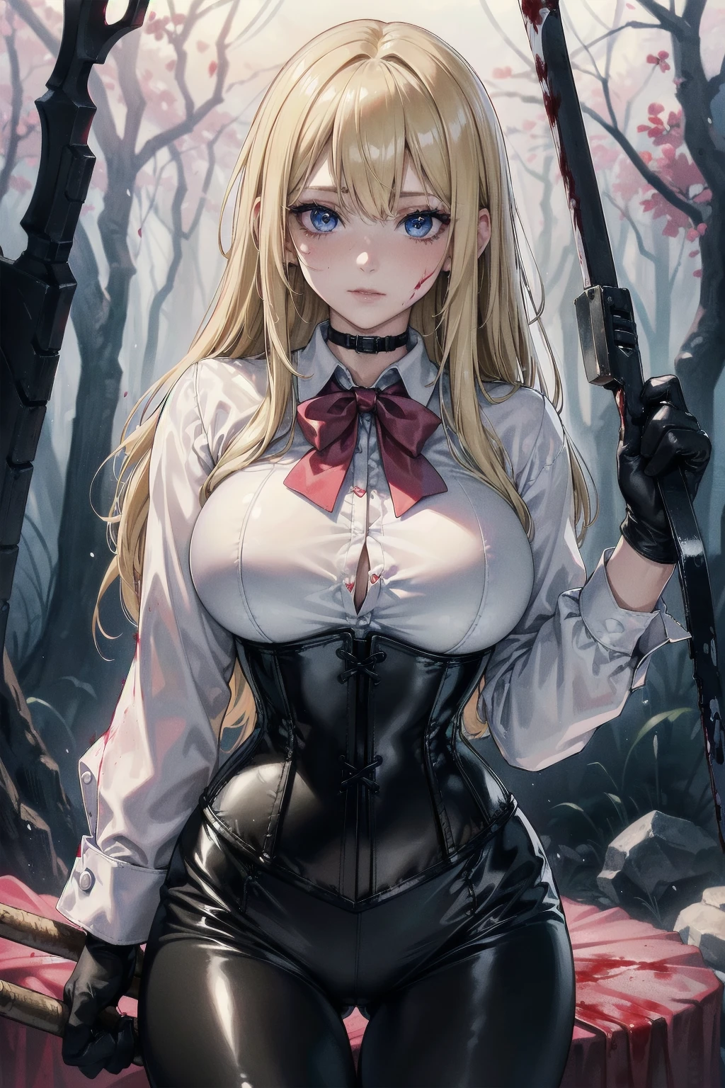 ((blood droplets)), ((blood)), ((blood splatter)), ((blood on clothes)) ((blood stain)),  Masterpiece, Superior image quality, high resolution, 4k image,photo and gross, photorealistic, whole body, distant view, 1 young blonde of 15 years, {{{vagina}}}, big breasts, beautiful face, Long blonde hair, blue eyes, very detailed eyes, pink cheeks, shy expression, choker:1.6, (white collar button down long sleeve shirt), black gloves, gloves that cover hands, (holding an ax in the right hand), (black leather corset), (shiny black leggings), Sensual Lips, show details in the eyes, View from the front, looking at the viewer, dark forest path, evening, Atmosphere, fog