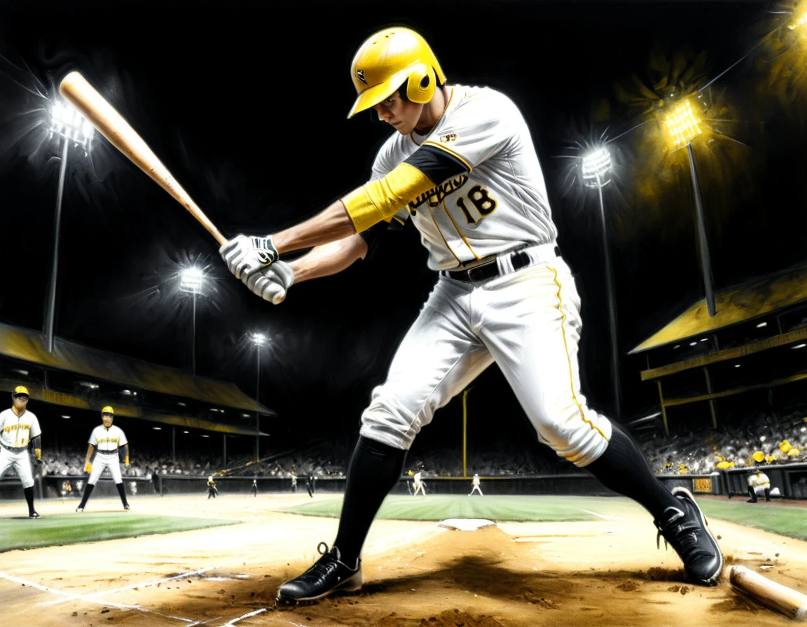 carvão trabalho de arte, ((usando apenas preto, Branco e amarelo:1.5)) obra de arte, um jogador de beisebol rebatendo um home run em um jogo de beisebol, mais alta qualidade, melhor estética), melhores detalhes, melhor qualidade, alta resolução, super grande angular, 16k, [ultra detalhado], obra de arte, melhor qualidade, (extremamente detalhado), CarvãoEscuroEstilo