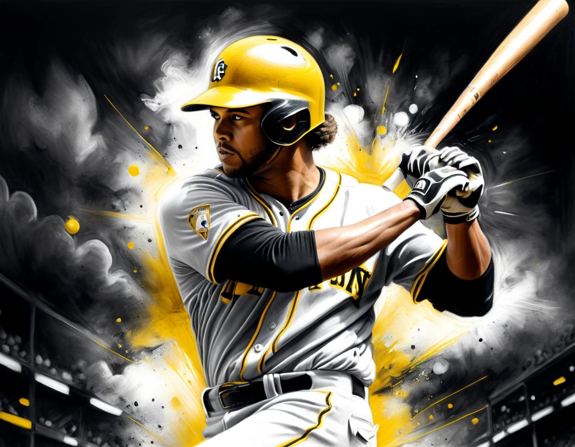 Obra de arte en carbón, ((usando solo negro, blanco y amarillo:1.5)) obra maestra, un jugador de béisbol conectando un jonrón en un juego de béisbol, de la máxima calidad, Mejor estetica), mejores detalles, mejor calidad, alta resolución, Ultra gran angular, 16k, [ultra detallado], obra maestra, mejor calidad, (extremadamente detallado), CarbónOscuroEstilo