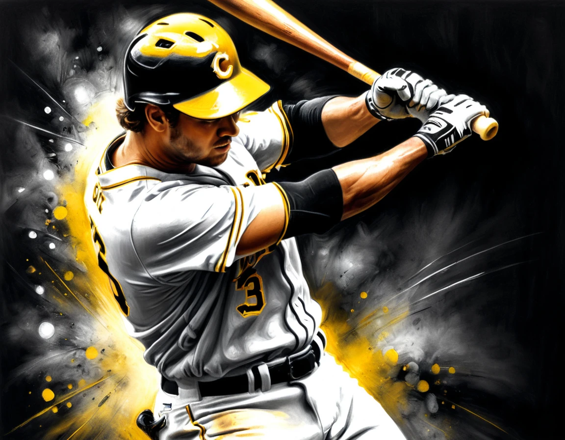 carvão trabalho de arte, ((usando apenas preto, Branco e amarelo:1.5)) obra de arte, um jogador de beisebol rebatendo um home run em um jogo de beisebol, mais alta qualidade, melhor estética), melhores detalhes, melhor qualidade, alta resolução, ultra grande angular, 16k, [ultra detalhado], obra de arte, melhor qualidade, (extremamente detalhado), CarvãoEscuroEstilo