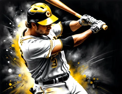 Charcoal work of art, ((using only black, white and yellow:1.5)) masterpiece, a baseball player hitting a home run in baseball g...