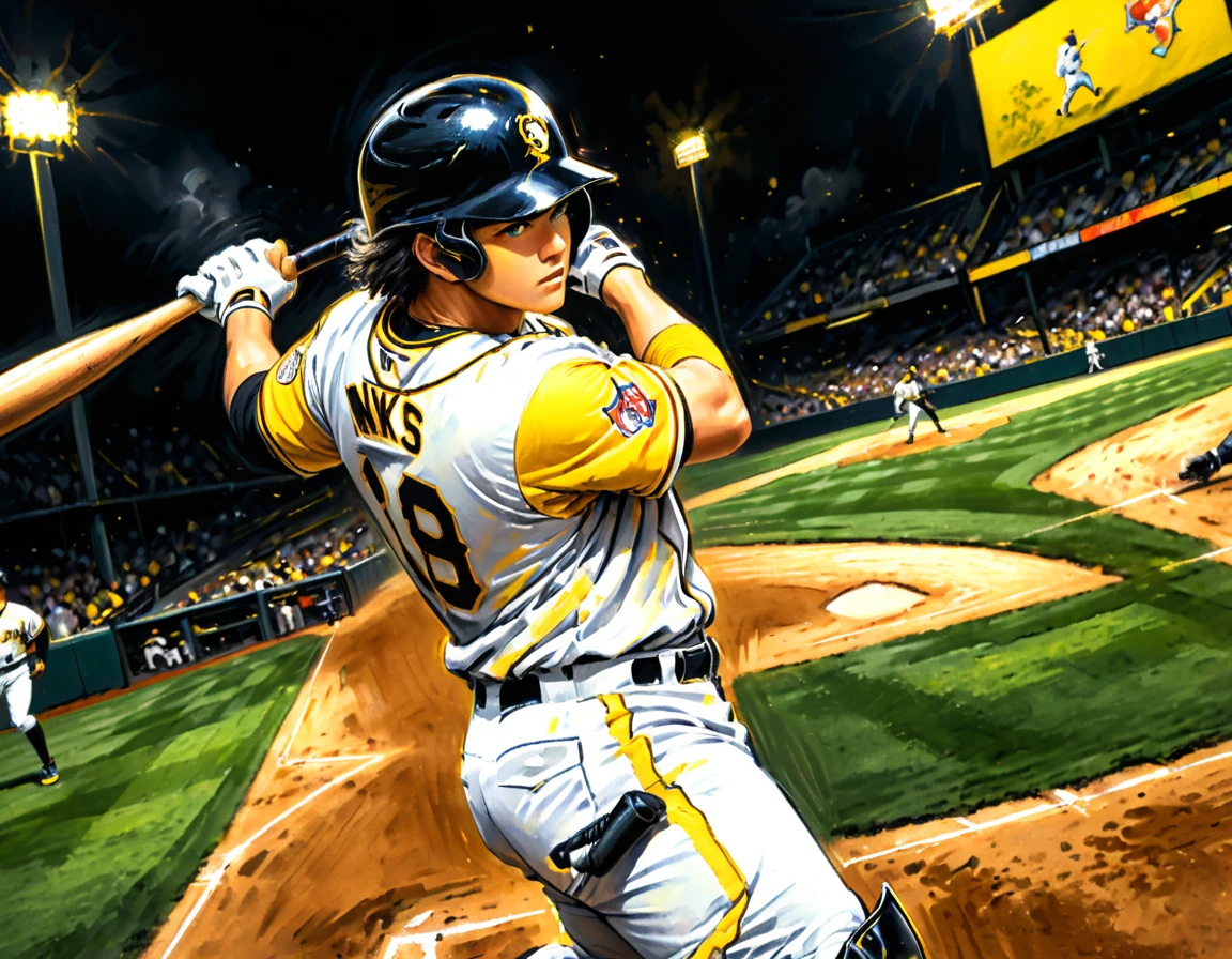 carvão trabalho de arte, ((usando apenas preto, Branco e amarelo:1.5)) obra de arte, um jogador de beisebol rebatendo um home run em um jogo de beisebol, mais alta qualidade, melhor estética), melhores detalhes, melhor qualidade, alta resolução, super grande angular, 16k, [ultra detalhado], obra de arte, melhor qualidade, (extremamente detalhado), CarvãoEscuroEstilo