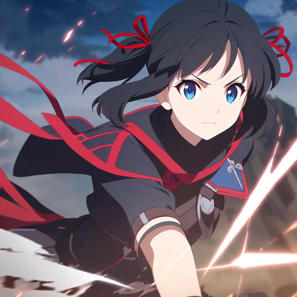 girl, anime, warrior, short hair with red and blue lines, pretty eyes, black hair, full leather, YOUNG, with a fringe in front, epic, with pigtails, warrior clothing