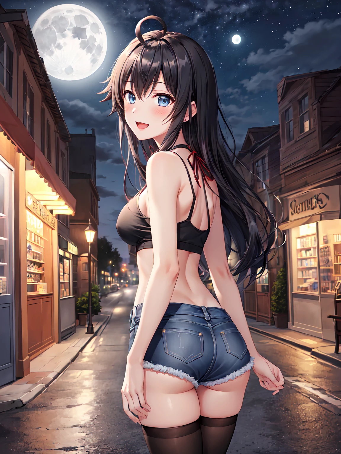 Masterpiece ,best quality , high resolution , (face view , look at view , (pov front view) , (pov from front)) , (1 girl solo:1.38) , (yukino yukinoshita, black hair, blue eyes, long hair, ahoge , slim , tall , slender , thin) , (cleavage:1.02) , (big breast:1.03) , (wear top tank , sleeveless , denim_micro_short , stockings , (arms behind back , hand behind back) , (leaning forward:1.3) , (bend back to forward:1.2) , ( outdoor , night , lamp , moonlight , road , on street , in front of shop ) , (open mouth , smile , full face blush , shy ) , (standing , thighs ) , (cowboy_shot)