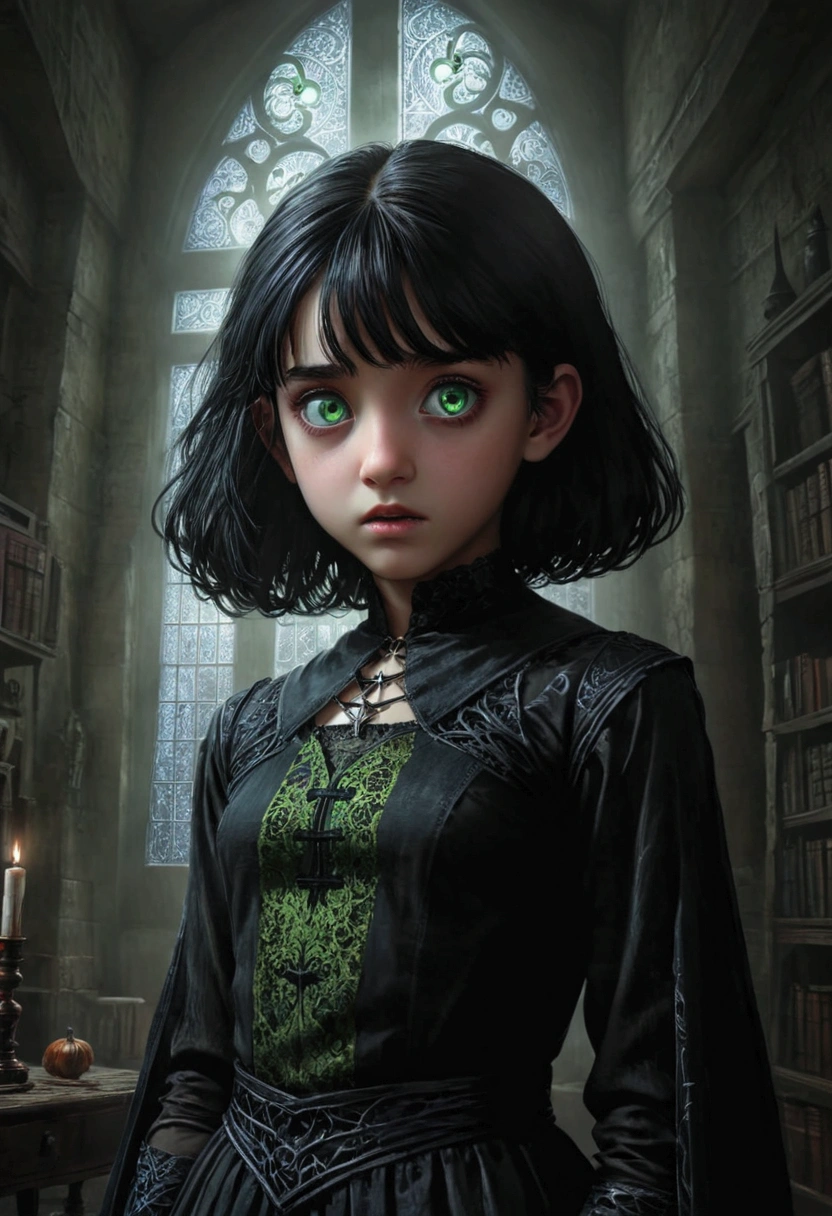 by Noriyoshi Ohrai a haunting scene daughter of severus snape, (best quality,4k,8k,highres,masterpiece:1.2),ultra-detailed,realistic,portrait of a beautiful 10-year-old teen with black hair, green eyes, necromancer in a dark fantasy world of diablo. Emphasize eerie atmosphere, high contrast, and interplay of shadow and light. Include colorful, gothic horror detailed face perspective from below anime, manga, comic, illustration