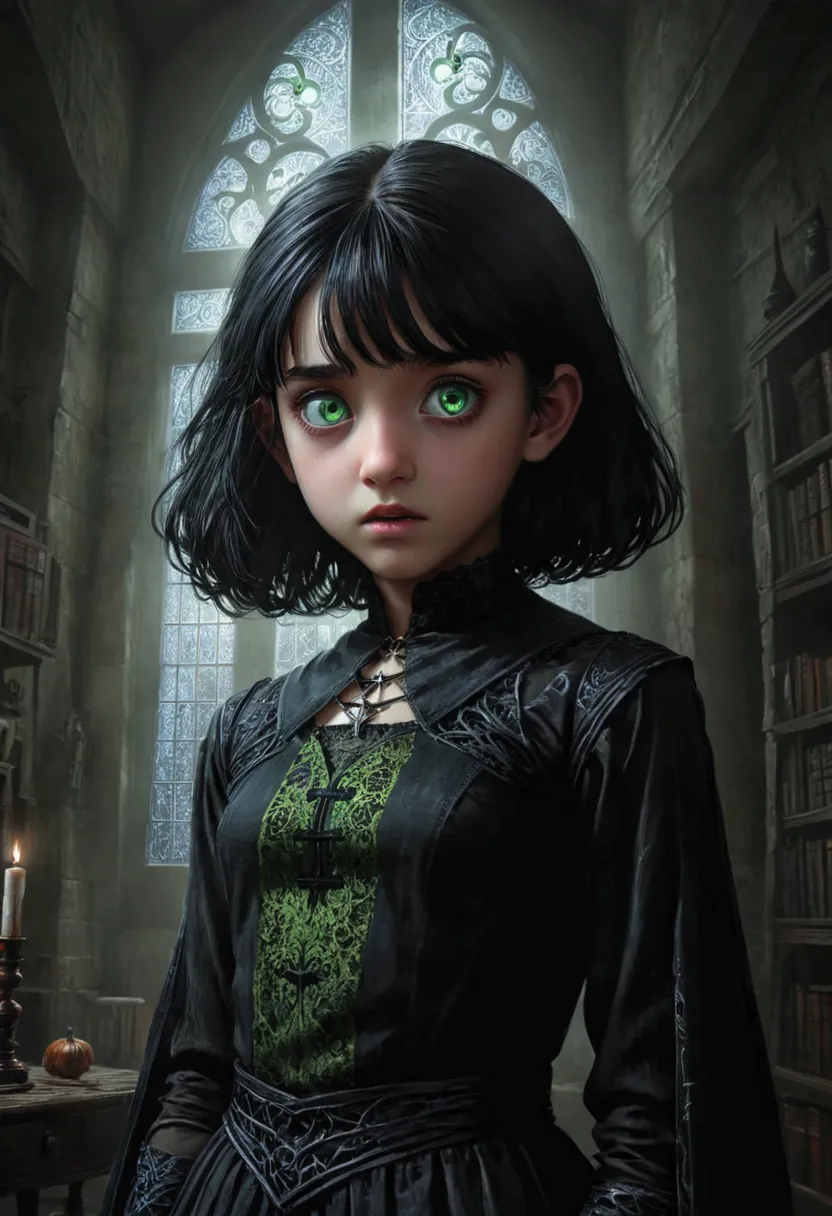 by Noriyoshi Ohrai a haunting scene daughter of severus snape, (best quality,4k,8k,highres,masterpiece:1.2),ultra-detailed,reali...
