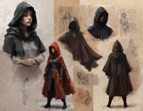 crmu, several thumbnail paintings of females in hooded cloaks ,thumbnail sketches on one page
