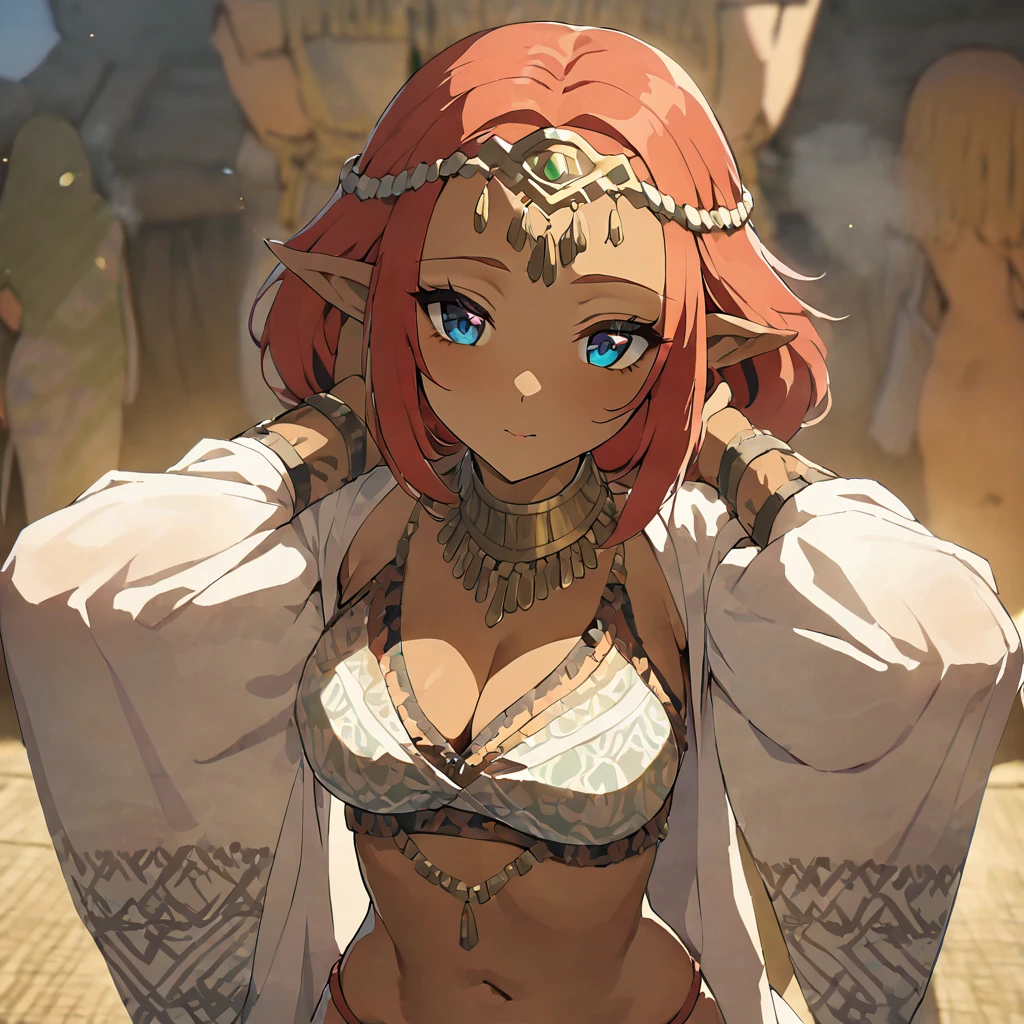 ((Highest quality)), ((masterpiece)), (detailed), （Perfect Face）、The woman is Queen Zelda of the Gerudo tribe, with red hair, blue eyes and brown skin.、The woman is wearing the sexy, see-through traditional costume of the Gerudo tribe.