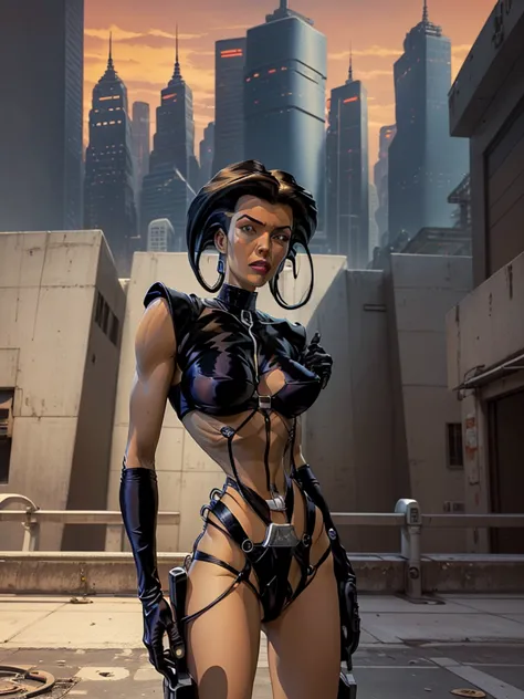 faithful image of aeon flux, linda, ultra detalhada, she is standing making sensual pose with hand on her waist, she is on the e...