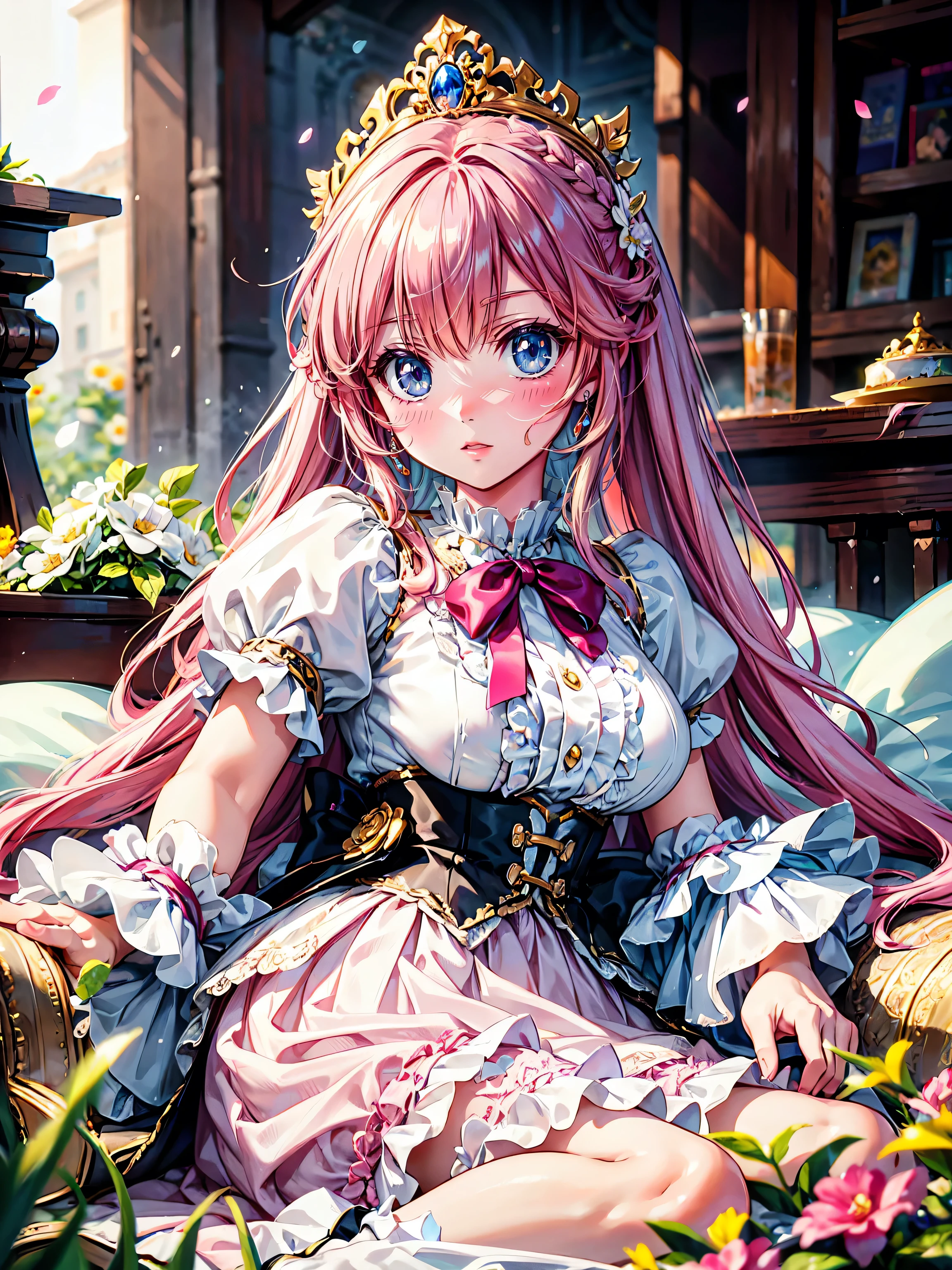 anime moe art style, ((Masterpiece, ultra detailed, exquisite quality)), (((young face solo princess))), (dress light yellow dress), (((ultra elaborate gorgeous rococo victorian gown with voluminous hoopskirt and long hems and lot of frills and pleats dense lace and cute ribbon, princess style skirt, ultra lovely gown))), (((hair pink hair))), ((fluffy long ponytail)), (Expressive very voluminous hair), ((huge breasts)), breasts cleavage, (((lying on one's back, spread legs, front view))), super delicate face, kawaii face, (hyper detail delicate eyes, hyper beautiful eyes), (eyes blue eyes), (((So lot's of colorful flowers:1.2))), ((face focus, eyes focus, blurry background:1.5)), (isometric 3D, octane render:1.5), particle effect,