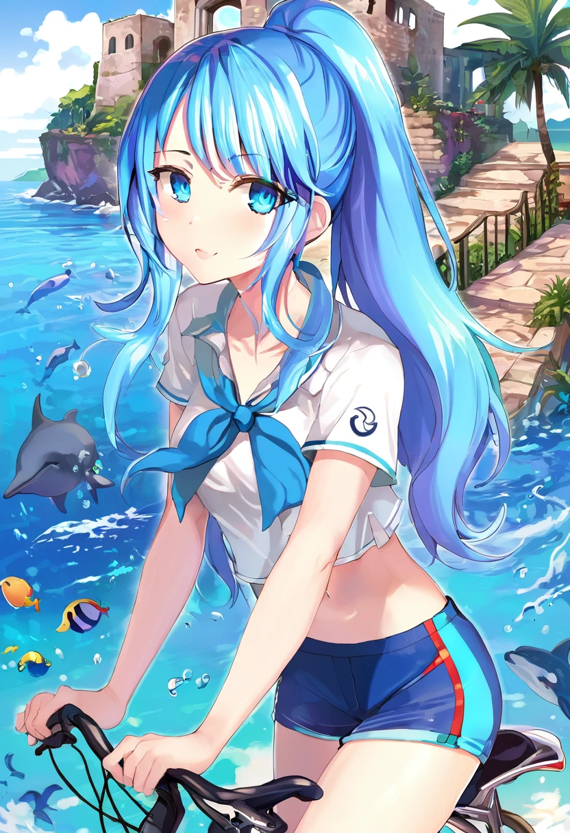 1girl, ponytail, blue hair, blue eyes, rides a bicycle, dolphin shorts, short shorts, maritime ruins
