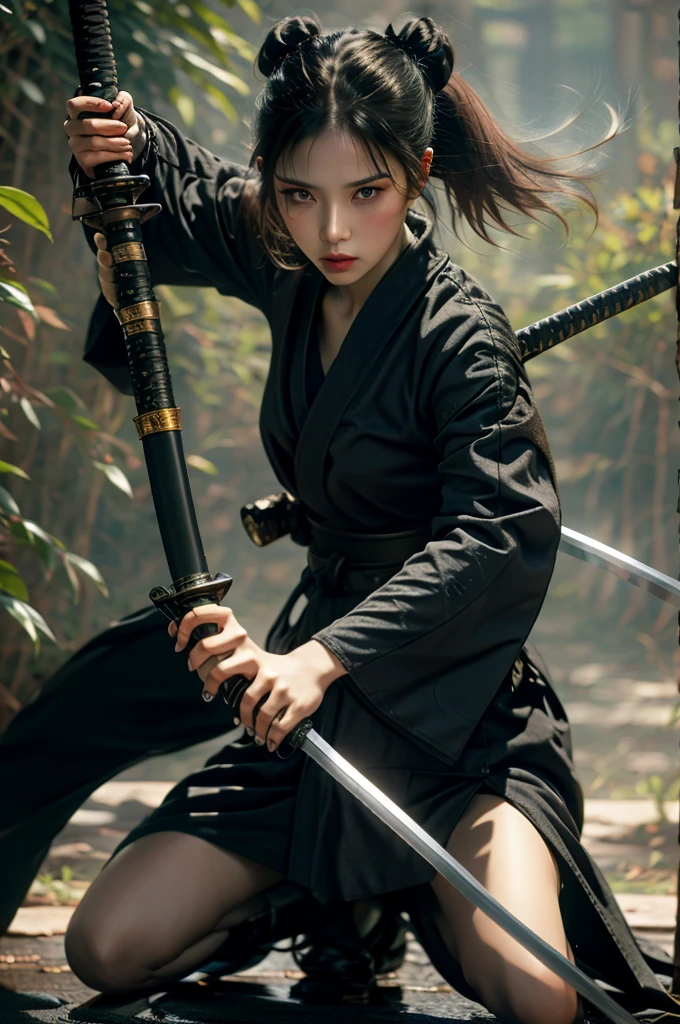 1女孩,独自的,持武器,武士刀, 