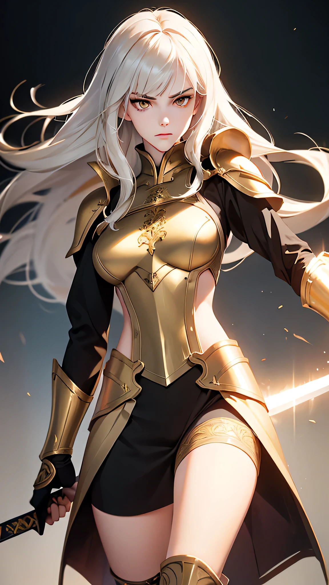 （lifelike， high - resolution：1.3）， 1 girl with a slender body， slender body, Super fine face and eyes，( golden color eyes), smokey look, annoyed, full lips,  tall girl,  pale skin, dark makeup, shiny skin， blunt bangs, very long white hair, (ebony armor, small breasts,  gold trim)，small breasts,, (gauntlets, thigh high greaves, intricate curved sword, gold trim) , wielding sword, shiny skin, narrow hips, skinny, flat chest

