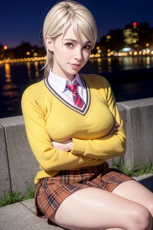 RAW Photos, ((((Extreme beauty portrait))), (sweater), Absurd, Charm, Ultra-high resolution, Ultra-realistic, Very detailed, Golden Ratio, Parody, skirt, Sitting, , tie, socks, Plaid, Knee-high, Shiny thighs, Plaid skirt, Arms crossed, striped tie, ((Upper Body)), sweaterベスト, Outdoor, City alley, night, Professional Light, smile, looking at viewer,