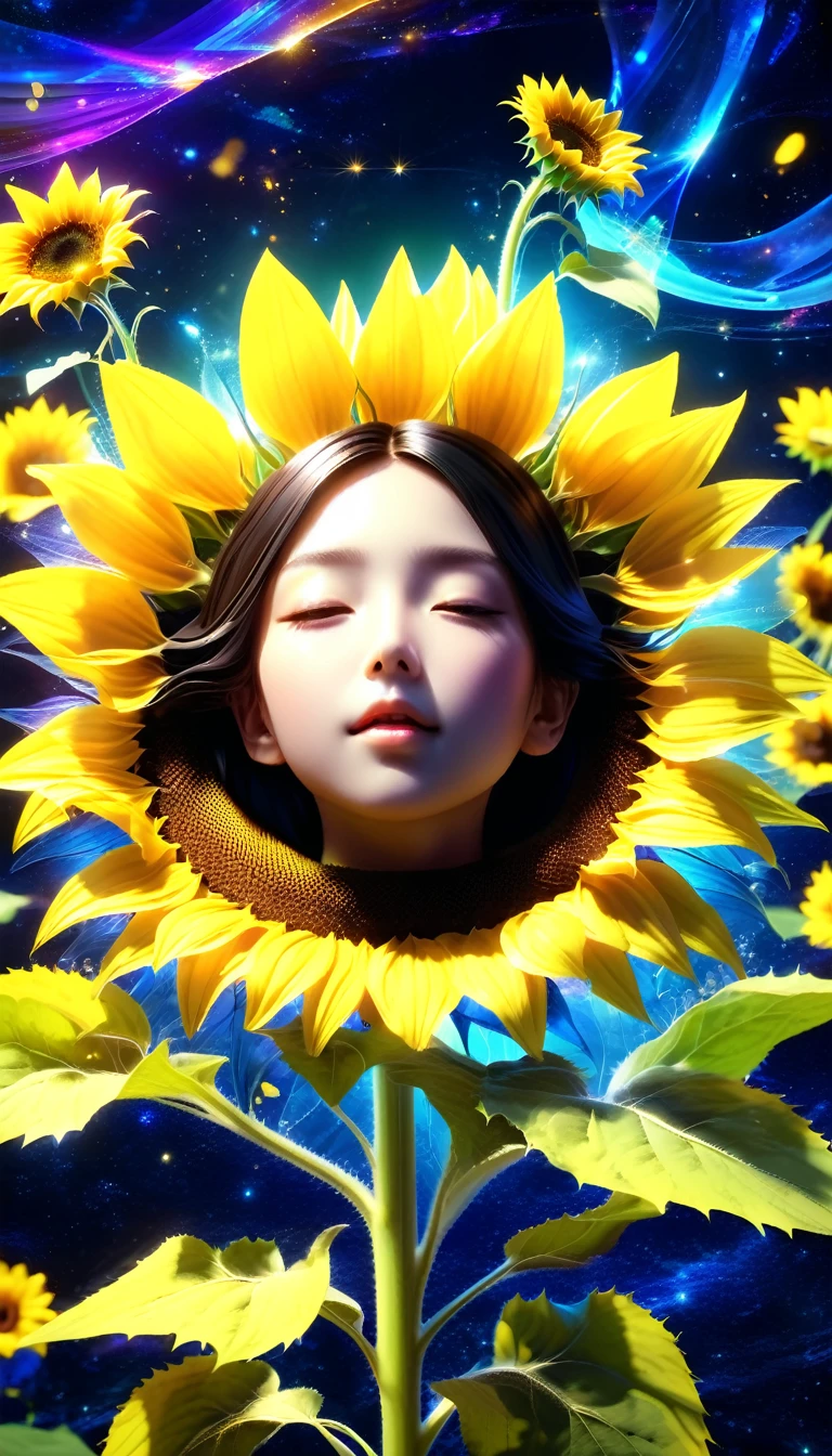 Made by AIS-RCN, 8K Photo, "words, sunflower, Jump out of the light, Transform your thoughts into delicate works of art.", Supple, Black light、sunflowerを抱きしめて涙する少女