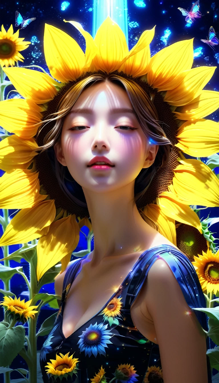 Made by AIS-RCN, 8K Photo, "words, sunflower, Jump out of the light, Transform your thoughts into delicate works of art.", Supple, Black light、sunflowerを抱きしめて涙する少女