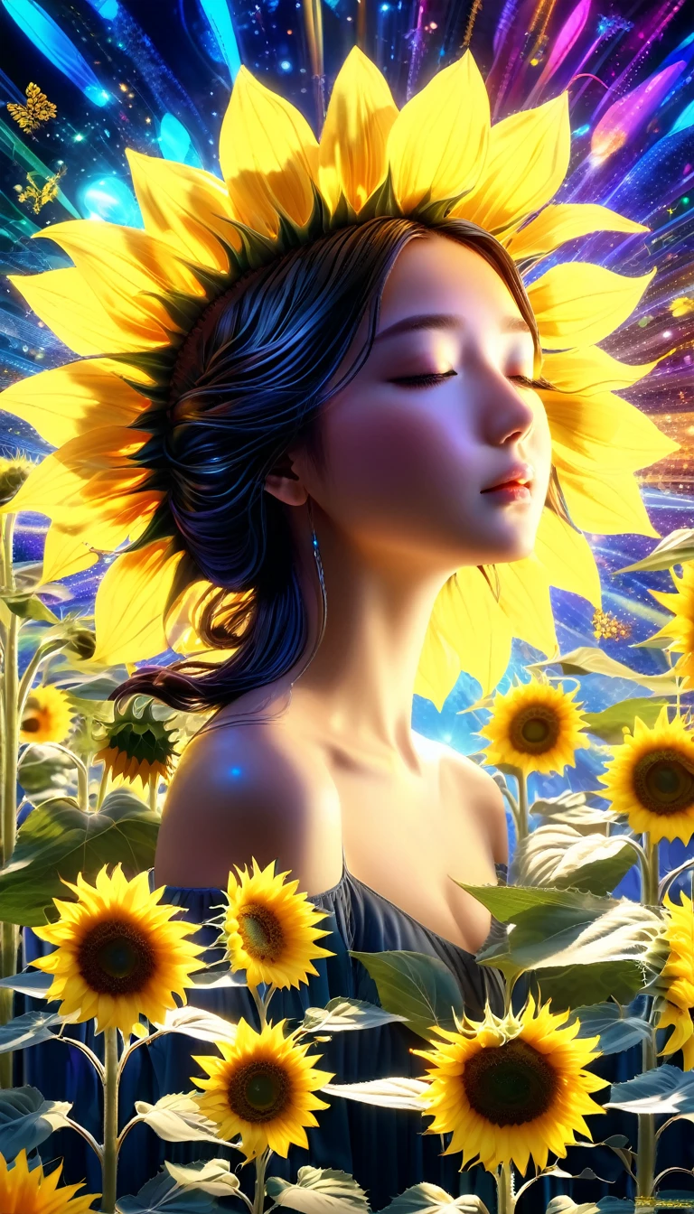 Made by AIS-RCN, 8K Photo, "words, sunflower, Jump out of the light, Transform your thoughts into delicate works of art.", Supple, Black light、sunflowerを抱きしめて涙を流す少女