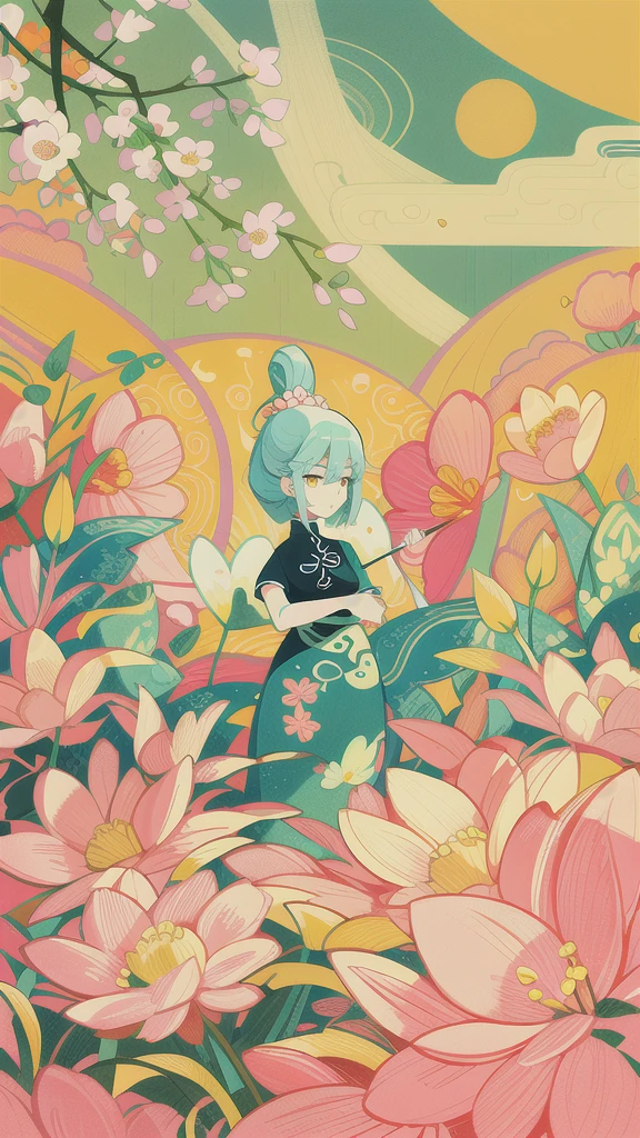 A close-up of a cartoon girl, spring scene, spring, flowers, warm sunshine, delicate face, fairy tale style, beautiful sky, beautiful artwork illustration, wearing a beautiful dress, official illustration, high detail, super detail, super high resolution, award-winning work, masterpiece, , low fidelity illustration style, flat illustration, cute illustration, Zhongyuan festival, hand drawn cartoon art style, surrounded by yellow pink red flowers, digital illustration style, fantastic, beautiful artwork illustration, high quality detail art, beautiful scene,,Beautiful artwork illustration,Hand drawn cartoon art style, painting illustration, simple and clean illustration, inspired by Huang Ji, inspired by Hua Yan, inspired by Ma Yuanyu, inspired by Chen Daofu, cute art style,