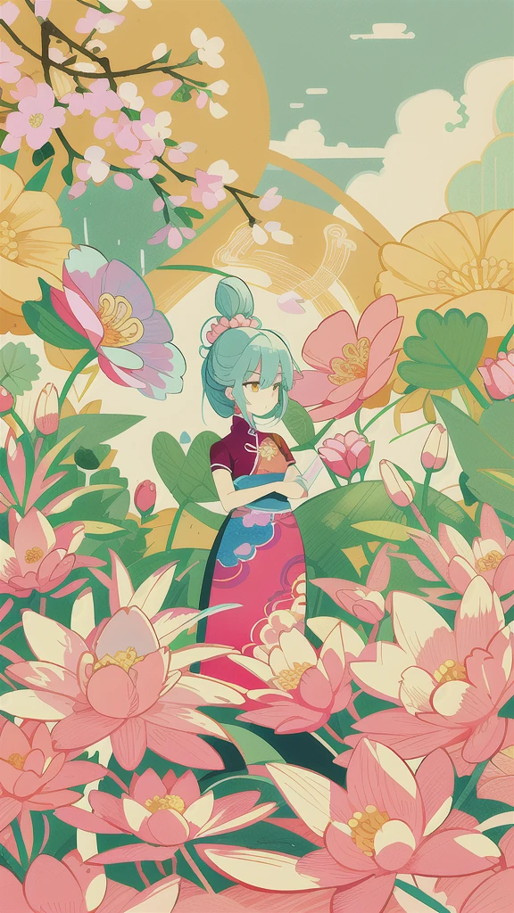 A close-up of a cartoon girl, spring scene, spring, flowers, warm sunshine, delicate face, fairy tale style, beautiful sky, beautiful artwork illustration, wearing a beautiful dress, official illustration, high detail, super detail, super high resolution, award-winning work, masterpiece, , low fidelity illustration style, flat illustration, cute illustration, Zhongyuan festival, hand drawn cartoon art style, surrounded by yellow pink red flowers, digital illustration style, fantastic, beautiful artwork illustration, high quality detail art, beautiful scene,,Beautiful artwork illustration,Hand drawn cartoon art style, painting illustration, simple and clean illustration, inspired by Huang Ji, inspired by Hua Yan, inspired by Ma Yuanyu, inspired by Chen Daofu, cute art style,