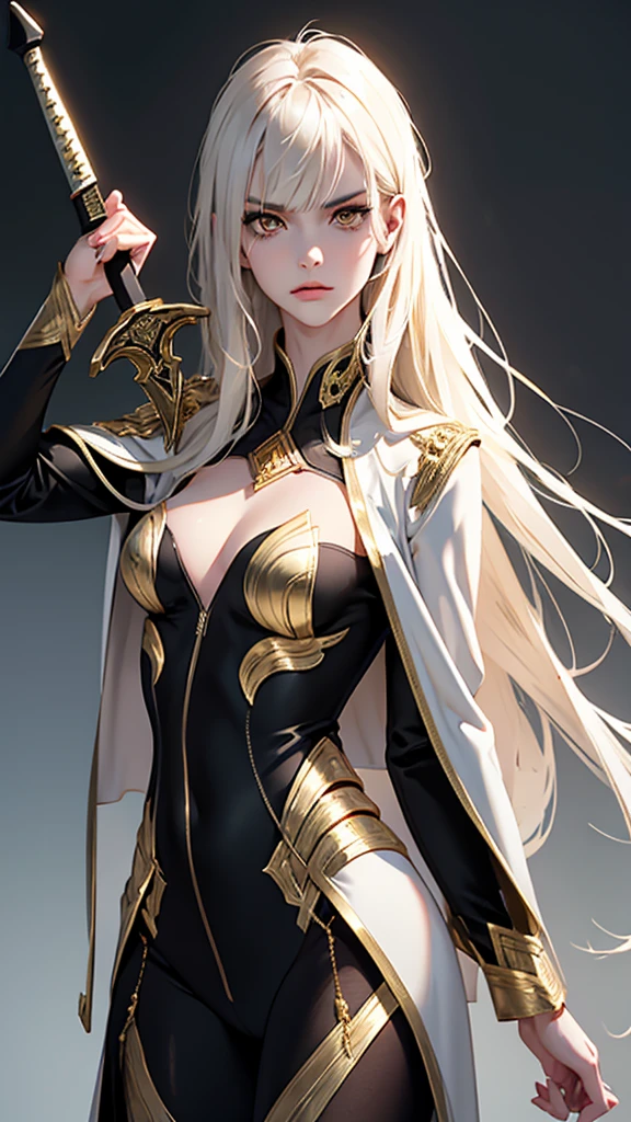 （lifelike， high - resolution：1.3）， 1 girl with a slender body， slender body, Super fine face and eyes，( golden color eyes), smokey look, handsome,  annoyed, ahoge, full lips,  tall girl,  pale skin, dark makeup, shiny skin， blunt bangs, very long white hair, (ebony suit with gold trim, open suit jacket, topless,   gold trim)，small breasts,, ( intricate curved sword, gold trim) , wielding sword, shiny skin, narrow hips, skinny, flat chest

