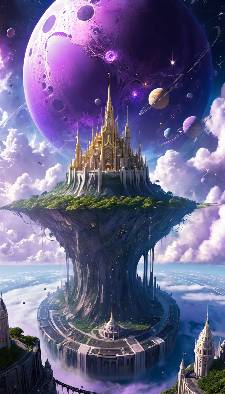 ((masterpiece)), best quality, (8K, best quality, masterpiece:1.2), Extremely detailed, illustration, Big Fantasy City, Science fiction, The Empty City, Floating city, There are many planets in the sky, There are clouds around, Celestial Architecture, Purple energy leaves scars, Giant castle in the center, Starry Sky