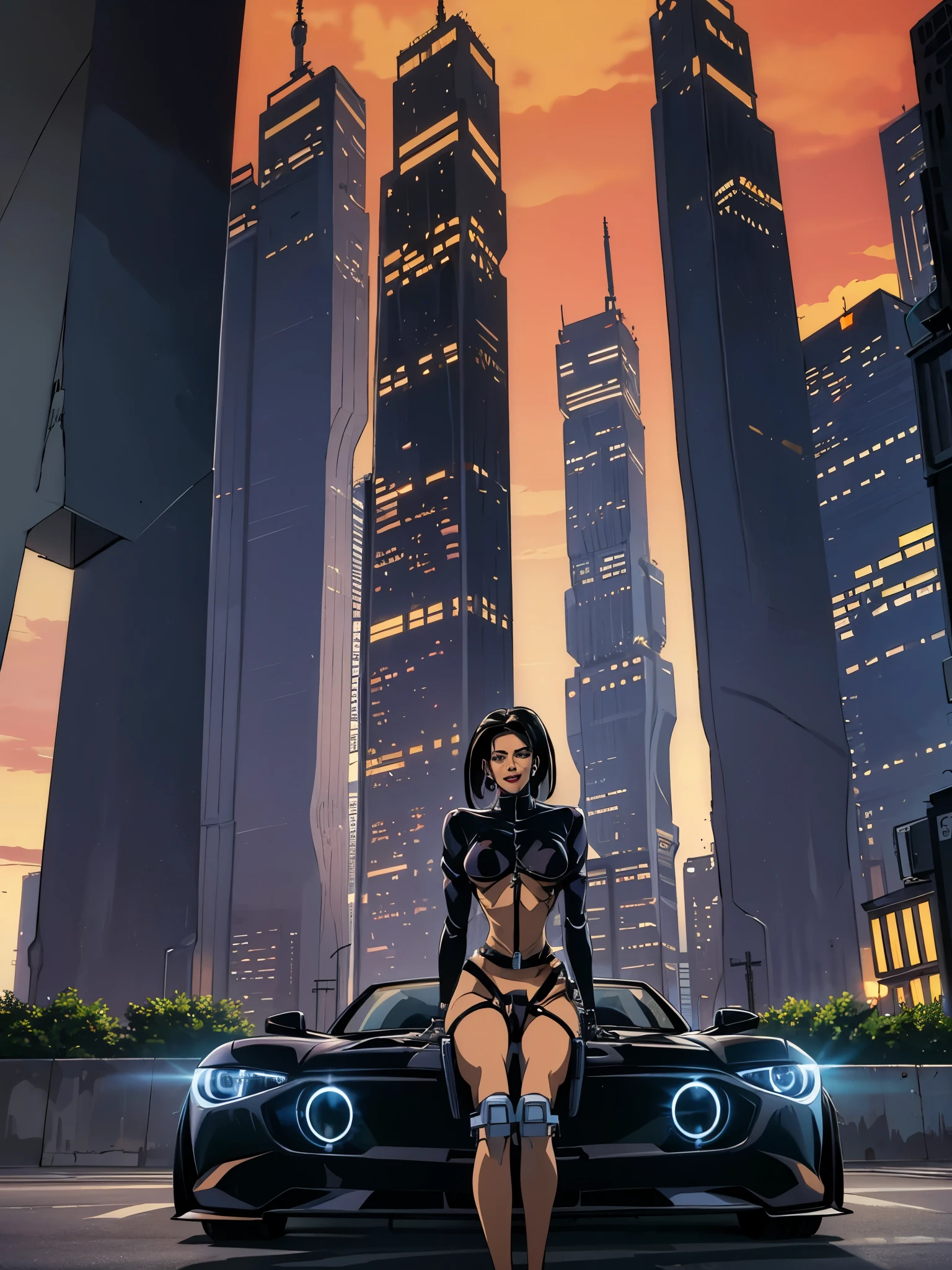 faithful image of Aeon Flux, Brunetette, linda, Grinning, she is happy, ultra detalhada, She is HANGING FROM A BUILDING WITH BOTH HANDS, SHE IS ON THE EDGE OF A TERRACE OF AN ULTRA FUTURISTIC BUILDING, SHE IS POINTING HER FINGER AT THE GROUND LOOKING AT THE INDUSTRIAL CITY, THERE ARE rounded buildings in an abandoned, ultra-futuristic megalopolis city, industrial environment, cyberpunkstyle, ORANGE SKY, the city has many metallic buildings with mirrored glass in light colors that reflect the sunlight, alien architecture, the city has shades of metal gray, has beautiful metal structures, dark ultrafuturistic cars on the streets, desert megalopolis, many tall rounded buildings on the horizon, tall futuristic metal buildings, WIRED POSTS, TRAFFIC LIGHTS, many ultramodern buildings around, as realistic as possible, as detailed as possible, Science fiction, There are 2 planets in the sky through the dense atmosphere, ORANGE SKY
