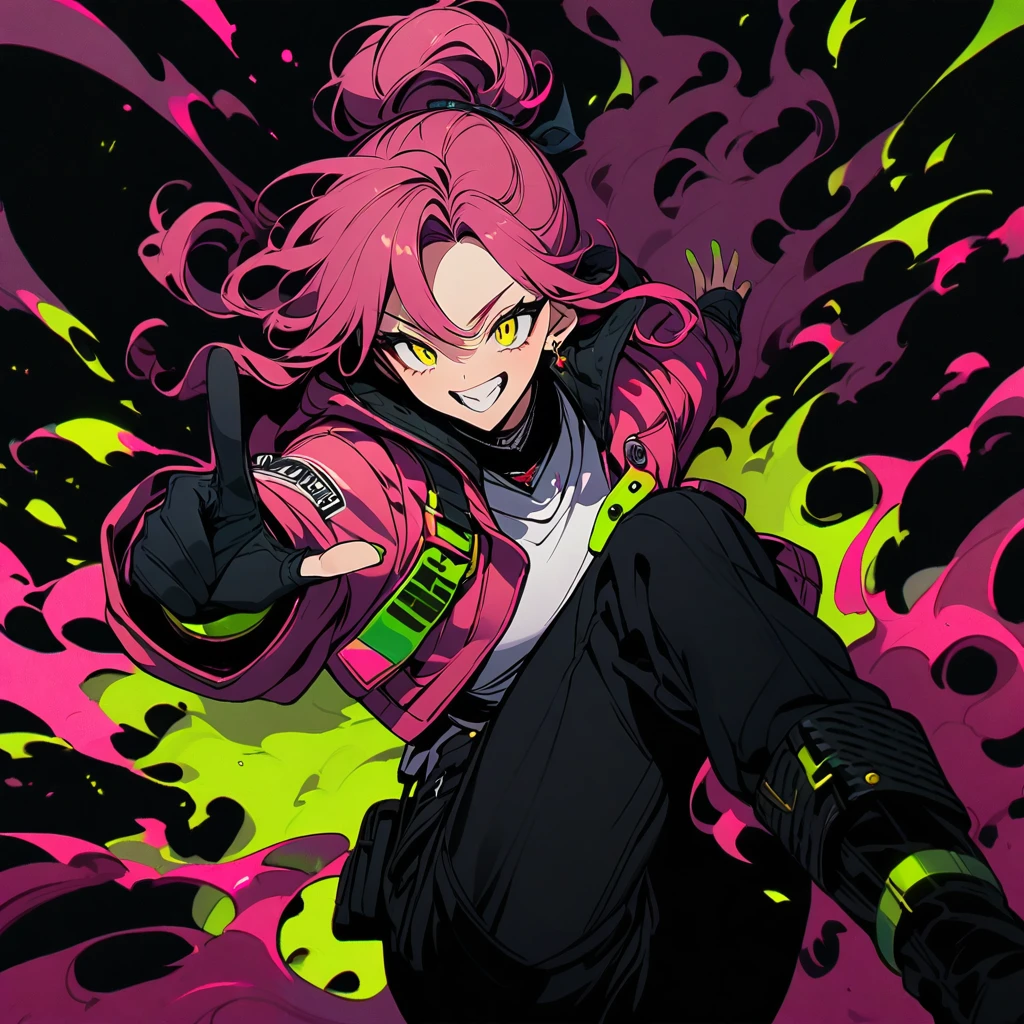 (well done: 1) man, dark pink long curly hair tied in a bun, yellow eyes, mouth piercing, green bracelet, green nails, white t-shirt with a symbol in the middle, pink jacket, black pants, high boots.