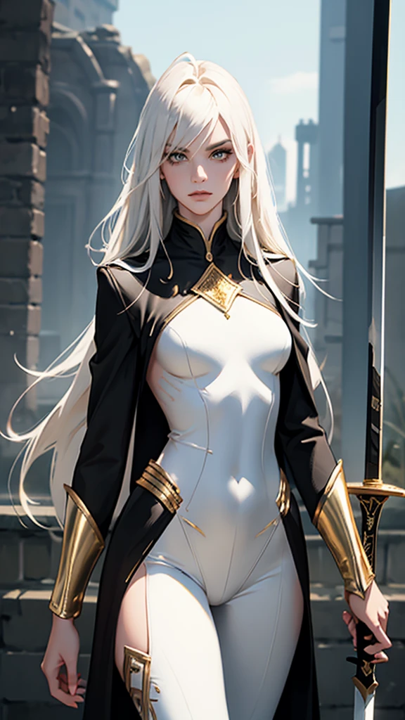 （lifelike， high - resolution：1.3）， 1 girl with a slender body， slender body, Super fine face and eyes，( golden color eyes), smokey look, handsome,  annoyed, ahoge, full lips,  tall girl,  pale skin, dark makeup, shiny skin， blunt bangs, very long white hair, (ebony suit with gold trim, open suit jacket, topless,   gold trim)，small breasts,, ( intricate curved sword, gold trim) , wielding sword, shiny skin, narrow hips, skinny, flat chest

