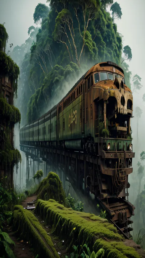 a rusty long train with a lion skull, in the amazon jungle, on the highest cliff, moss, fog, details, hyperrealistic, 16k