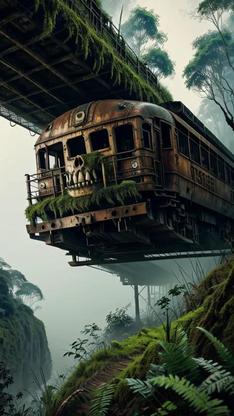 a rusty long train with a lion skull, in the amazon jungle, on the highest cliff, moss, fog, details, hyperrealistic, 16k