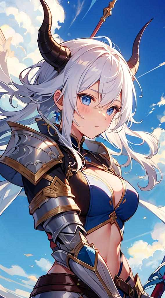 [masterpiece, ultra-detailed, best quality] white hair, blue eyes, tied-up hair, fit body, dynamic angle, engraved armor encampment, dragon horns, one broken horn, calm expression, spear, holding a spear, female