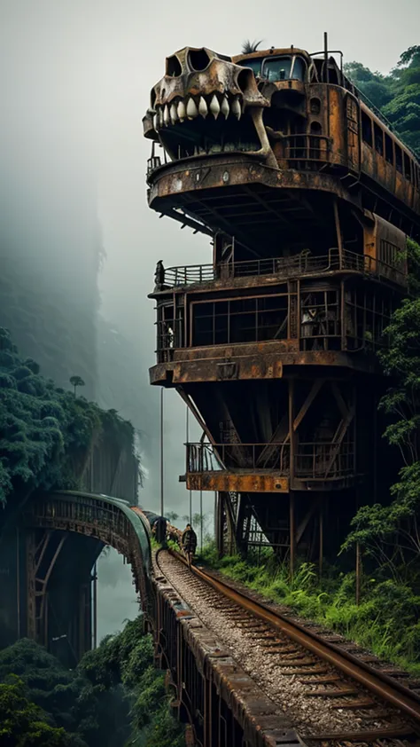 a rusty long train with a lion skull, in the amazon jungle, on the highest cliff, fog, details, hyperrealistic, 16k