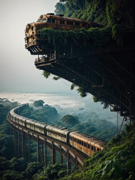 a rusty long train with a lion skull, in the amazon jungle, on the highest cliff, fog, details, hyperrealistic, 16k