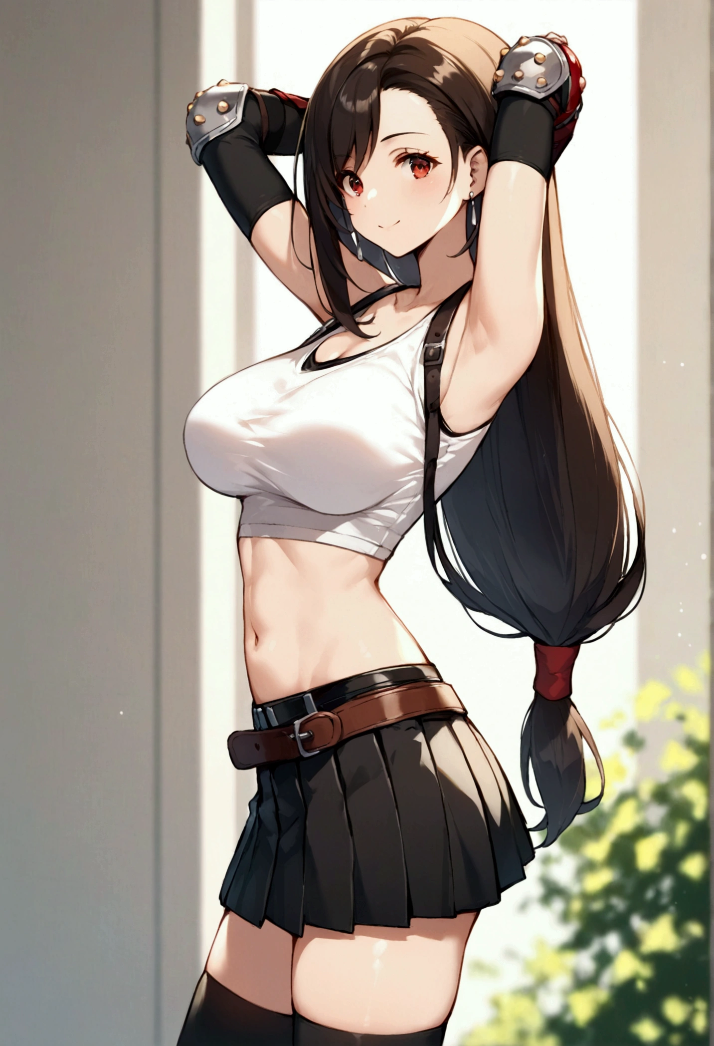 score_9, score_8_up, score_7_up,,8k,rating_safe BREAK ,(source_anime).from side:1.2,side view,breast focus,standing,,(arms up,arms behind head.),,(upperbody),looking_at_viewer ,1girl, tifa lockhart, final fantasy, tareme,black hair, low-tied long hair, red eyes, bangs, (white tank top, belt, pleated skirt, thighhighs, elbow fingerless gloves, elbow pads, midriff, navel,suspender skirt) ,large_breasts,(light smile),,,Solo,,(daytime and cafebar),(slender_waist:1.3),(best quality),(aesthetic,very aesthetic),,,highly detailed,,depth of field,