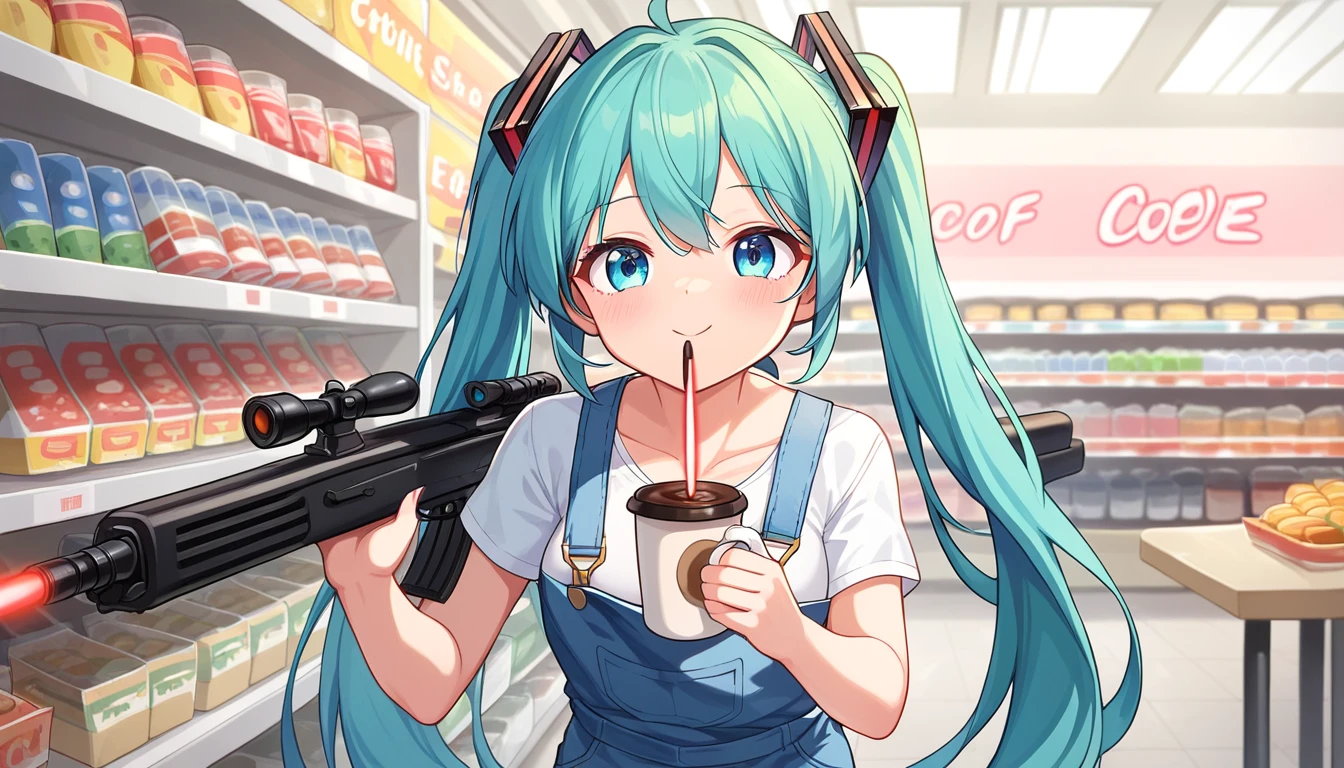 ((1girls:1.3)), ((moe style:1.3)), ((overalls:1.3)), ((convenience store:1.3)), ((large dragon:1.3)), ((laser rifle:1.3)), ((takeout meal:1.3)), ((coffee:1.3)), hatsune miku, thinking, ((perfect face)), ((extremely cute:1.3)), ((masterpiece:1.3)), ((8k)), ((best quality:1.3)), ((beautiful)), ((extremely detailed:1.3)) , ((absurdres)), AddXL, ((score_9:1.3)), ((score_8_up:1.3)), ((score_7_up:1.3)), Expressiveh  