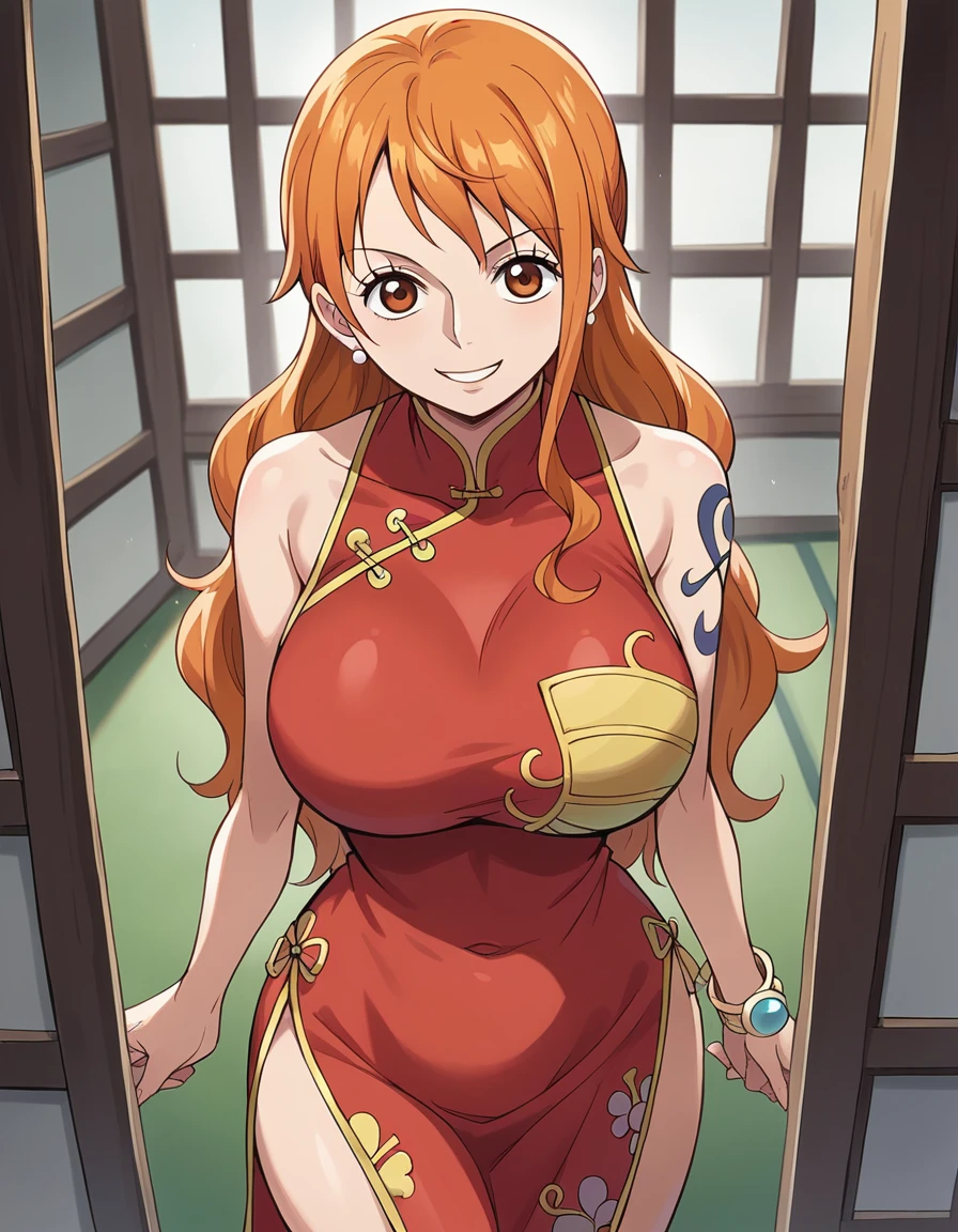 score_9, score_8_up, source_anime, best quality, nami, NAAmi, orange hair, orange eyes, long hair, large breasts, standing, looking at viewer, black china dress, dynamic angle, smile, indoor, cowboy shot