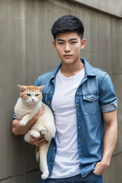 ((realistic daylight)) , Young Korean man in only a green t-shirt, no pattern. (Denim coat)  Jeans, A handsome, muscular young A...