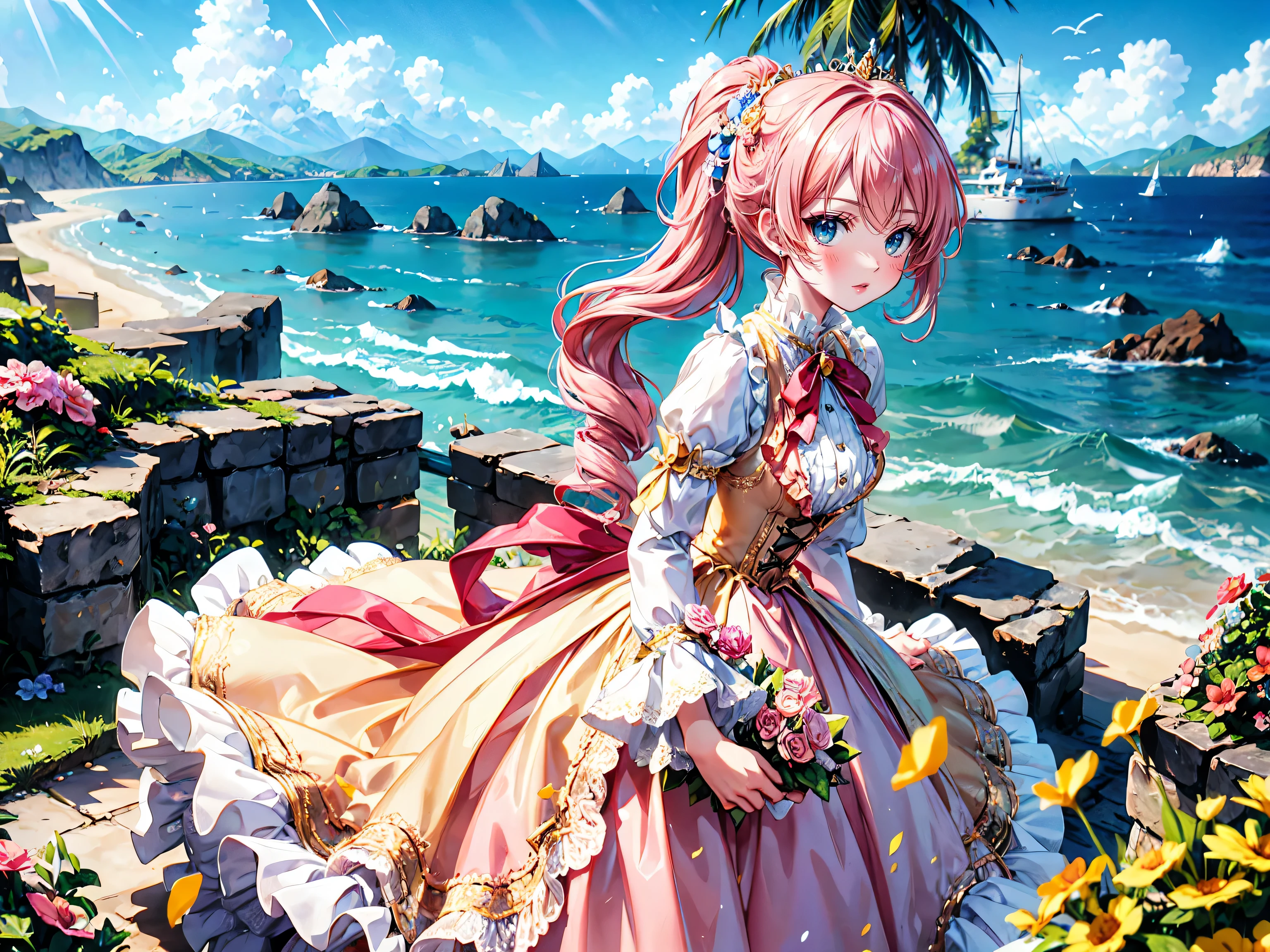 anime moe art style, ((Masterpiece, ultra detailed, exquisite quality)), (((young face solo princess))), (dress light yellow dress), (((ultra elaborate gorgeous rococo victorian gown with voluminous hoopskirt and long hems and lot of frills and pleats dense lace and cute ribbon, princess style skirt, incredibly cute gown))), (((hair pink hair))), ((fluffy long ponytail)), (Expressive very voluminous hair), ((huge breasts)), breasts cleavage, (((leaning forward, looking up, from above, front view))), super delicate face, kawaii face, (hyper detail delicate eyes, hyper beautiful eyes), (eyes blue eyes), (((So lot's of colorful flowers, ocean view:1.3))), ((face focus, eyes focus, blurry background:1.5)), (isometric 3D, octane render, ray tracing:1.5), particle effect,