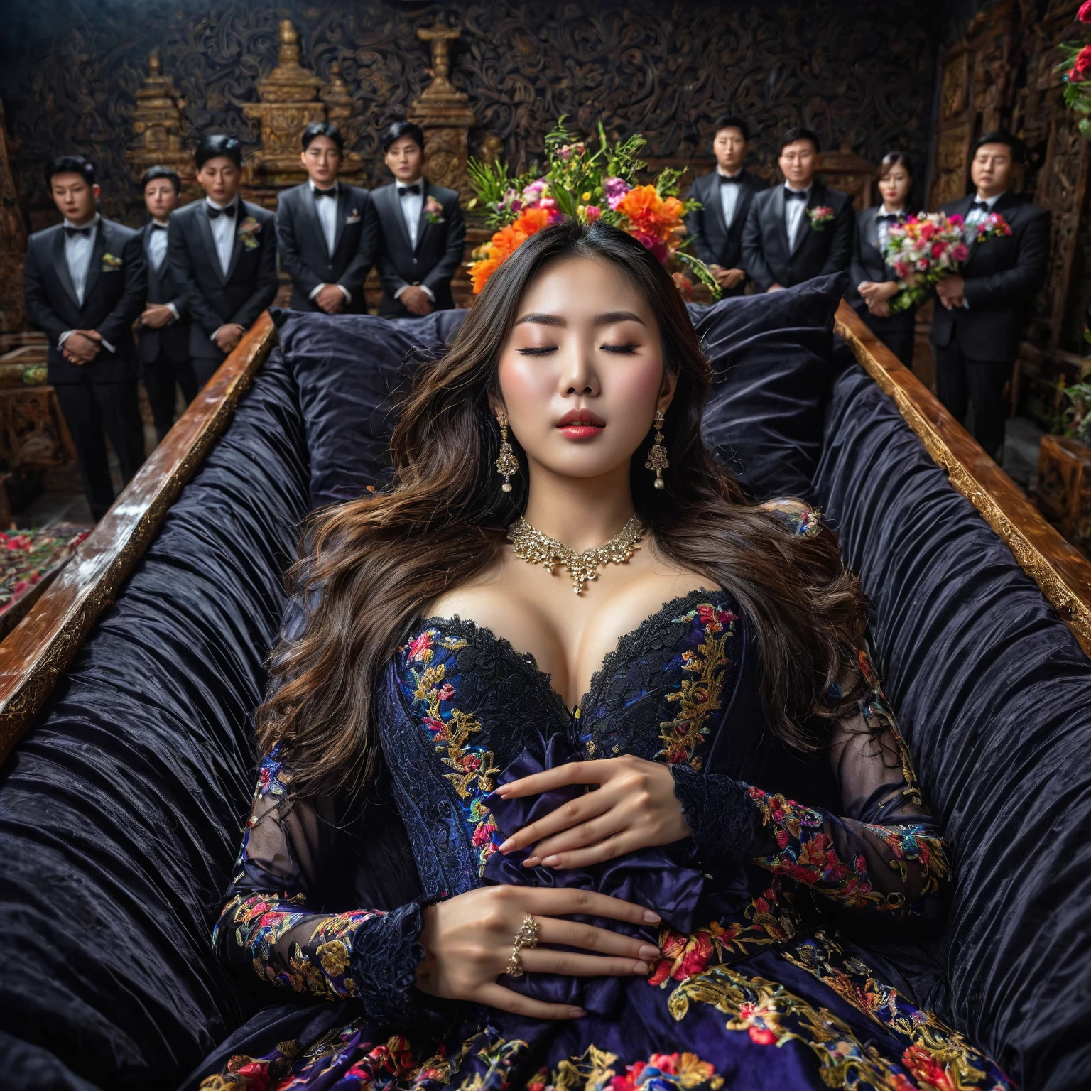 In a striking 8K HDR scene, a stunning Korean woman, 22 years old, lies peacefully in a black coffin surrounded by plush pillows. The deep box is set against a rich black background, accentuating the beauty of the subject. Her exquisite deep-V neckline kebaya attire is embroidered with superb detail, showcasing her round and firm breasts, perfect cleavage, and beautiful eyebrows. Her closed eyes and mouth give an air of serenity, while her visible and absolute cleavage leave nothing to imagination. The scene is bathed in saturated colors, highlighting every intricate aspect from the ball skirt to her clean face, straight body, detailed hand perfect hands, straight body, own hands together, own hand on stomach, detailed hands, perfect hands.