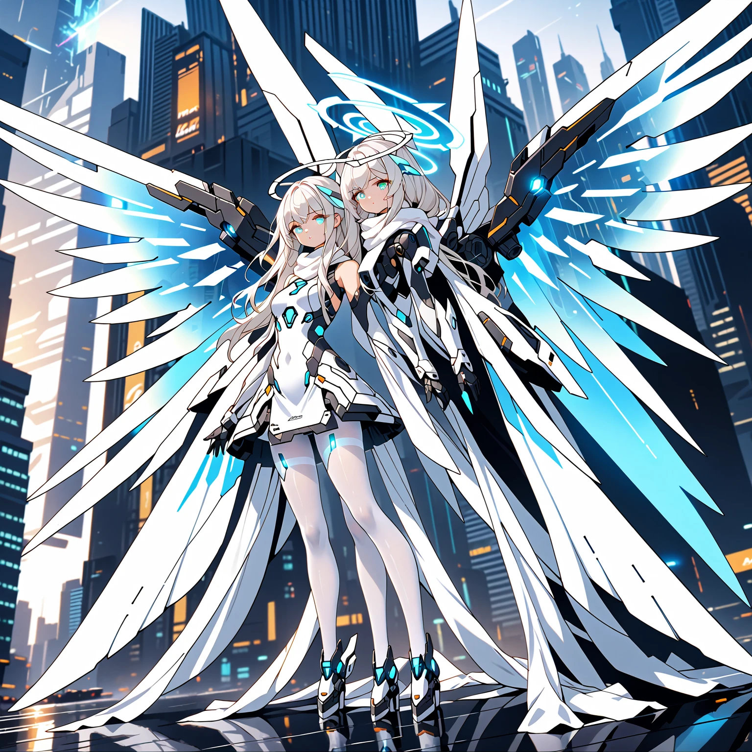 masterpiece, highest quality, highest resolution, clear_image, detailed details, white hair, long hair, 1 girl, futuristic wings, futuristic halo, white sci-fi mecha dress, white scarf with blow glow, white pantyhose, full body, no water marks, city, no extra limps, no extra body