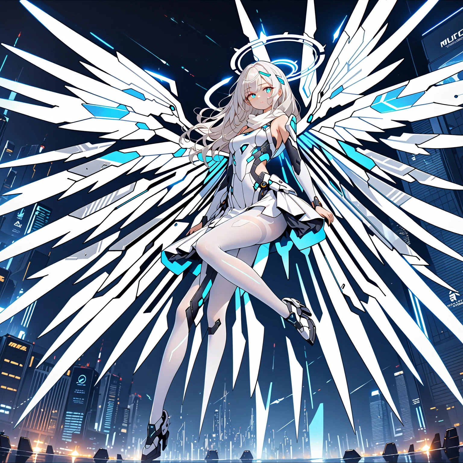 masterpiece, highest quality, highest resolution, clear_image, detailed details, white hair, long hair, 1 girl, futuristic wings, futuristic halo, white sci-fi mecha dress, white scarf with blow glow, white pantyhose, full body, no water marks, city, no extra limps, no extra body