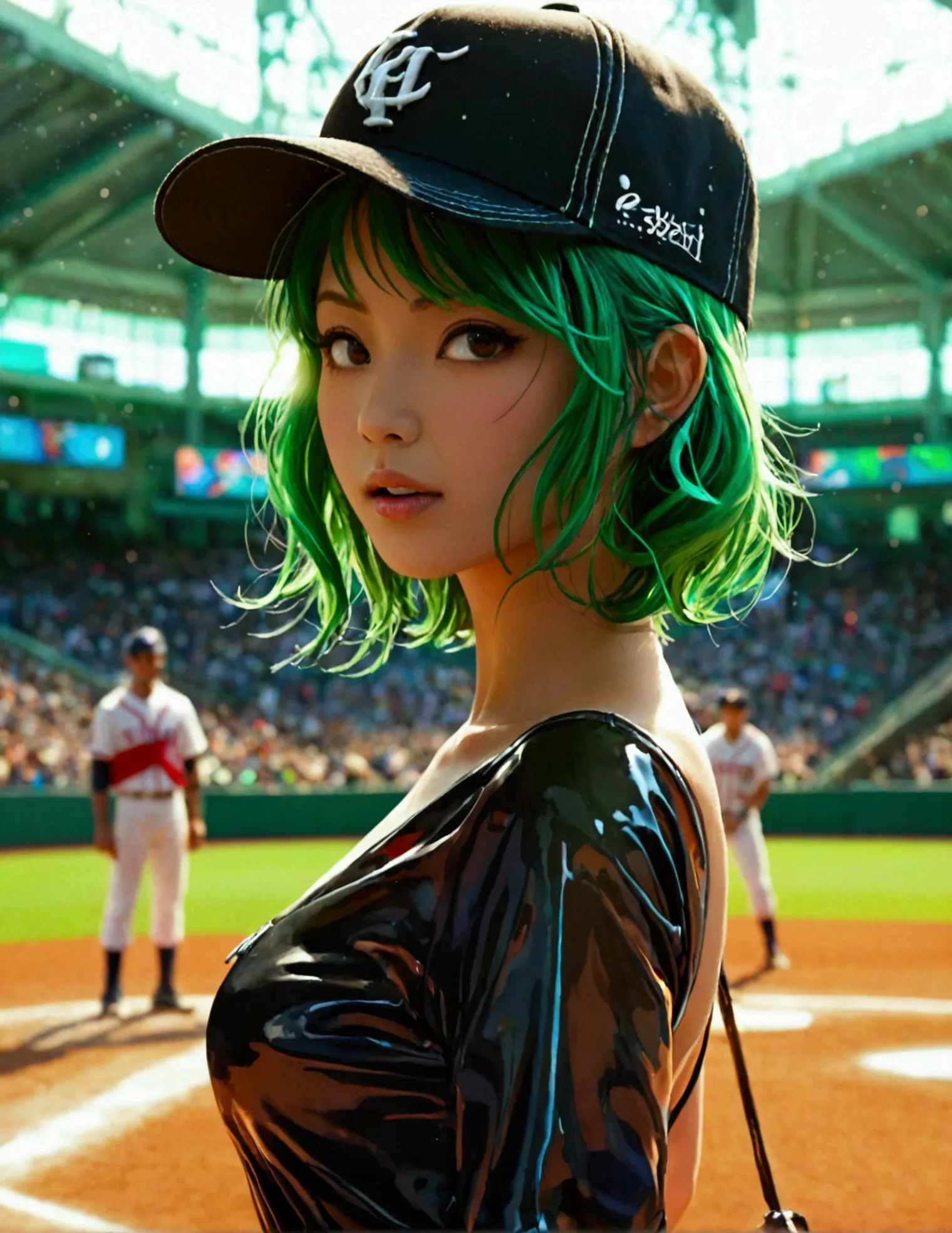 A beautiful Japanese woman (Tatsumaki,black dress, green hair) in a baseball cap pitching a ball, dynamic pitching pose, crowd c...
