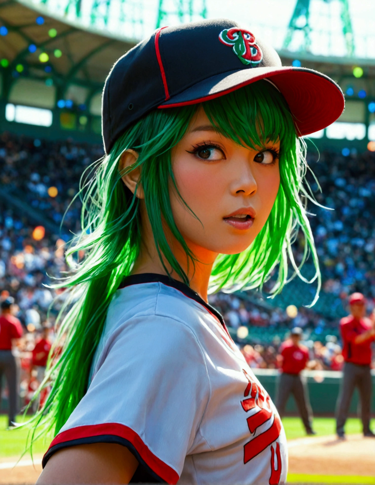 A beautiful Japanese woman (Tatsumaki,black dress, green hair) in a baseball cap pitching a ball, dynamic pitching pose, crowd cheering in the background, bokeh effect, anime style, highly detailed, intricate, vibrant colors, cinematic lighting, photorealistic, masterpiece, (show her entire body, show all of her, show her entire body)
