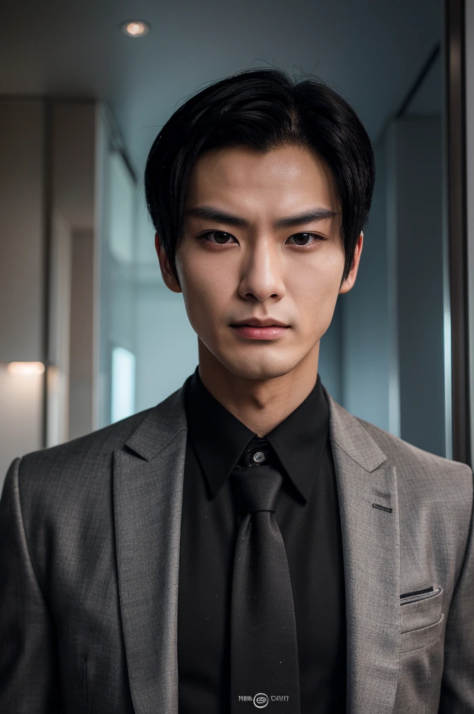 Generate an ultra realistic image of a handsome 20-year-old Chinese man, slim, slim, ectomomhe, asymmetrical face, new, CEO, passionate, serious and extremely cold countenance, CEO clothes, short black hair, face of a 20-year-old man