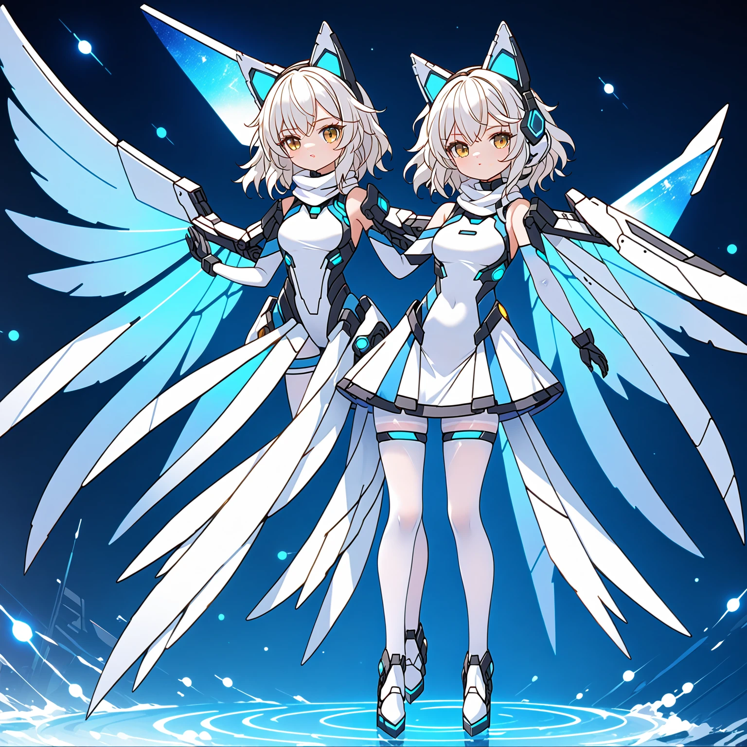 masterpiece, highest quality, highest resolution, clear_image, detailed details, white hair, long hair, 1 girl, cat ears, futuristic wings, futuristic halo, white sci-fi mecha dress, white scarf with blow glow, white pantyhose, full body, no water marks, city, no extra limps, no extra body