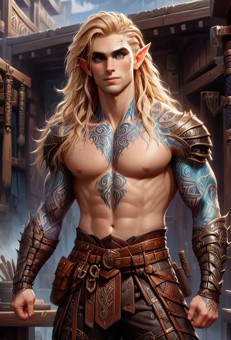 d&d character art. athletic slender male elf. colorful tribal and rune tattoos, big brown eyes, long wild blond hair with site c...